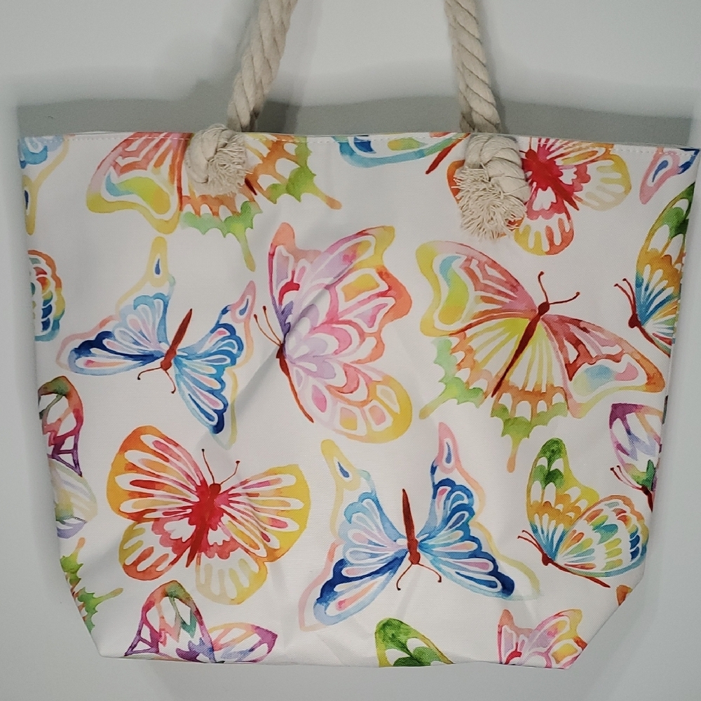 Fashion Bug Blue and Pink Tote Bag with Artistic Butterfly Design